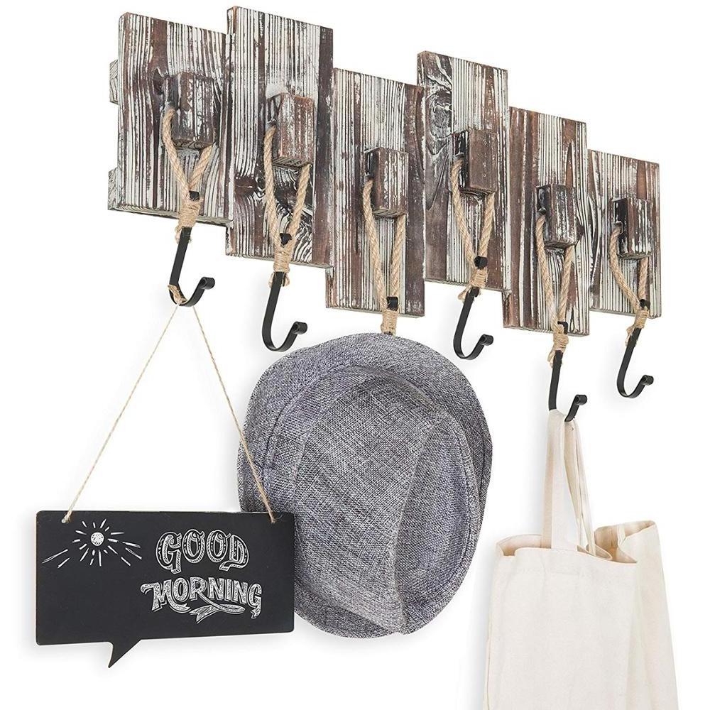 Rustic Wall Mounted Torched Wood Coat Rack with 6 Rope Hooks