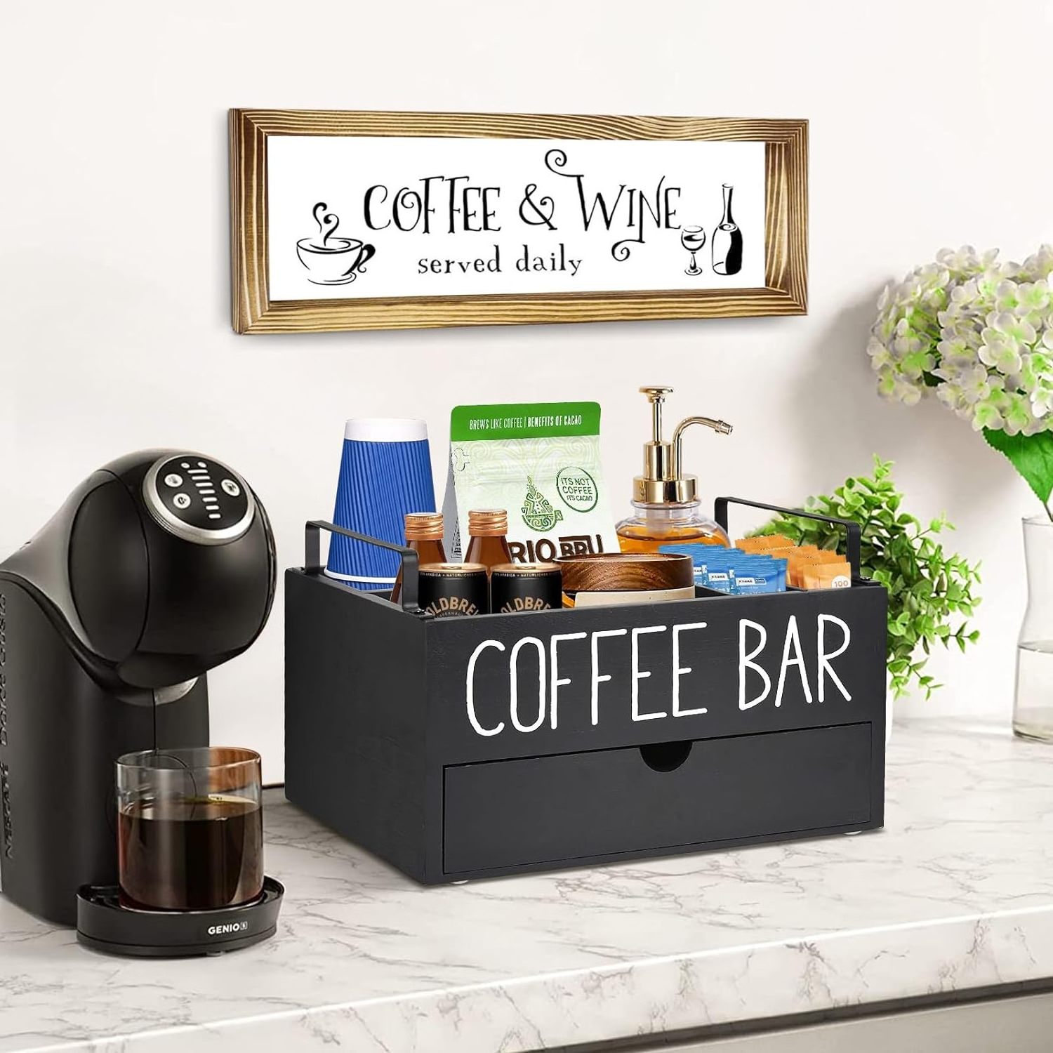 Coffee Station Organizer Wooden Coffee Bar Accessories Organizer for Counter Farmhouse Kcup Coffee Pod Holder Storage Box