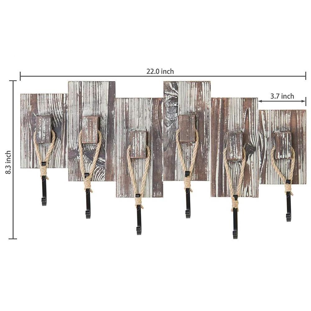 Rustic Wall Mounted Torched Wood Coat Rack with 6 Rope Hooks