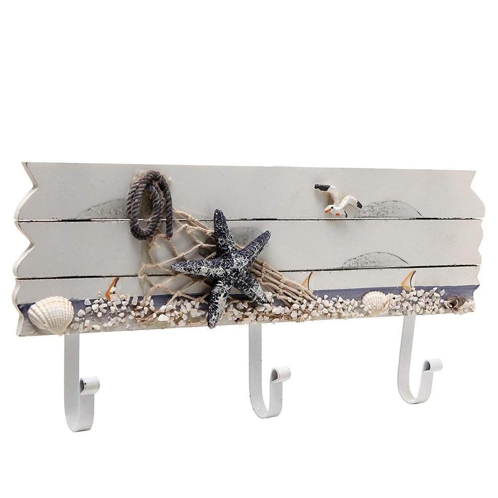 Oceanic Coastal White Sandy Beach Style Starfish Seagull & Seashells Wall Mounted Wood Coat Rack Hooks