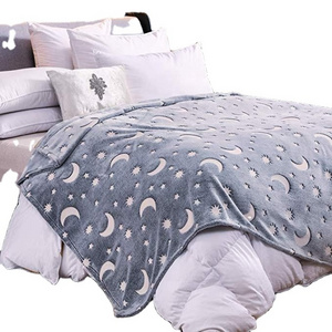 Luminous Pattern Star Moon Coral Fleece Throw Blanket Super Soft Flannel Sofa Bed Glow In The Dark Throw Blanket