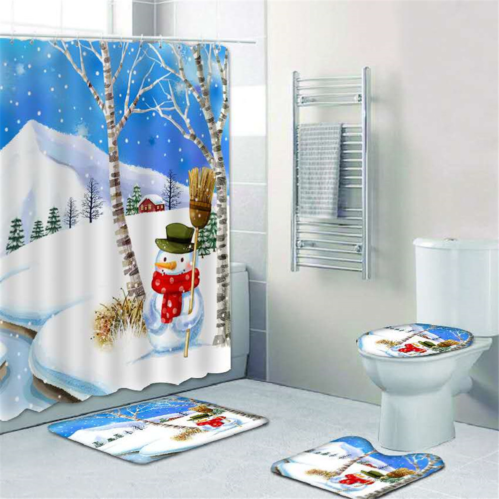 Christmas Ornaments Snowman Shower Curtain Bathroom Decoration Polyester Fabric Waterproof And Mildewproof Curtain