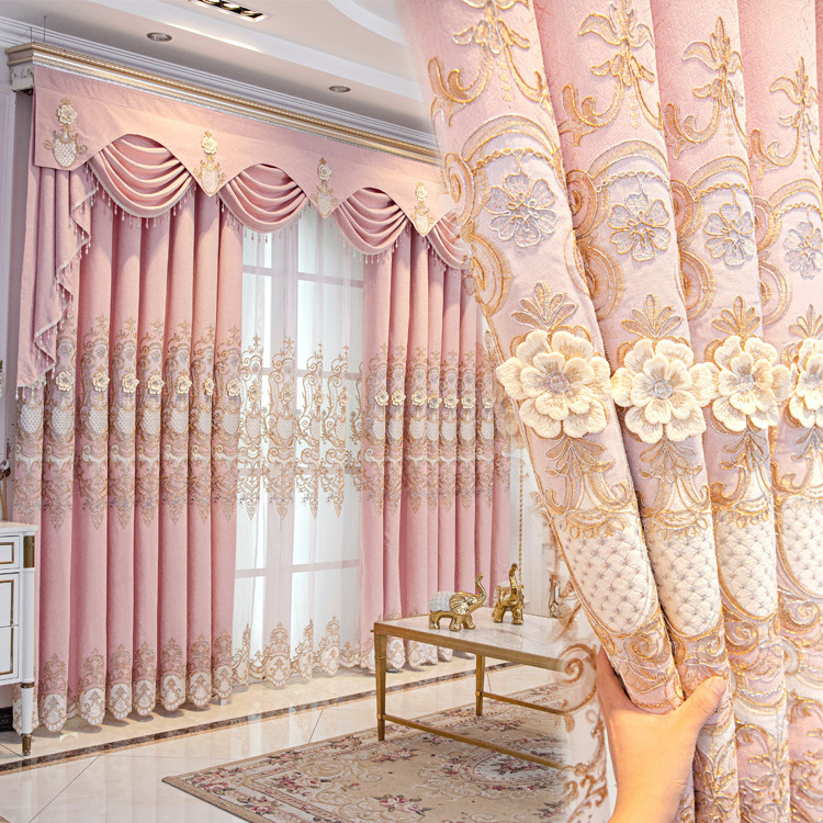 Hot Selling  Home Luxury Ready Made Beaded Crystal Jacquard Hotel Office Window Embroidery Curtain With Valance Designs