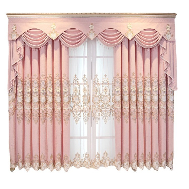 Hot Selling  Home Luxury Ready Made Beaded Crystal Jacquard Hotel Office Window Embroidery Curtain With Valance Designs