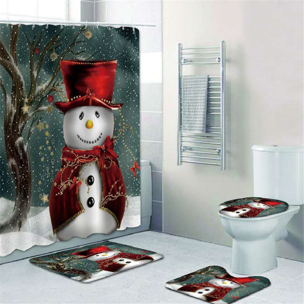 Christmas Ornaments Snowman Shower Curtain Bathroom Decoration Polyester Fabric Waterproof And Mildewproof Curtain