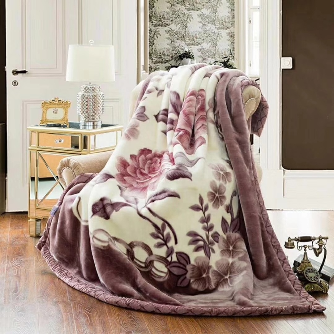 Reactive Dyeing Weft Flower Printed Sherpa Fleece Throws Blankets Super Soft Polyester 1 Ply Korean Style Raschel Mink Blanket