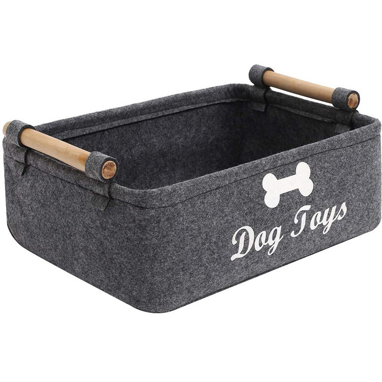 Rectangle foldable Felt pet toy storage box and dog toy storage basket with Wood Handle container Customization LOGO