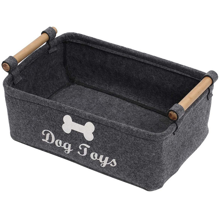 Rectangle foldable Felt pet toy storage box and dog toy storage basket with Wood Handle container Customization LOGO