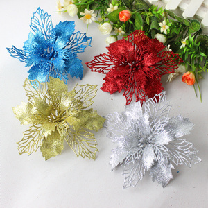 Artificial Christmas Gold Flower With Powder Glitter Plastic Flower Christmas Tree Pendant For Christmas Decoration