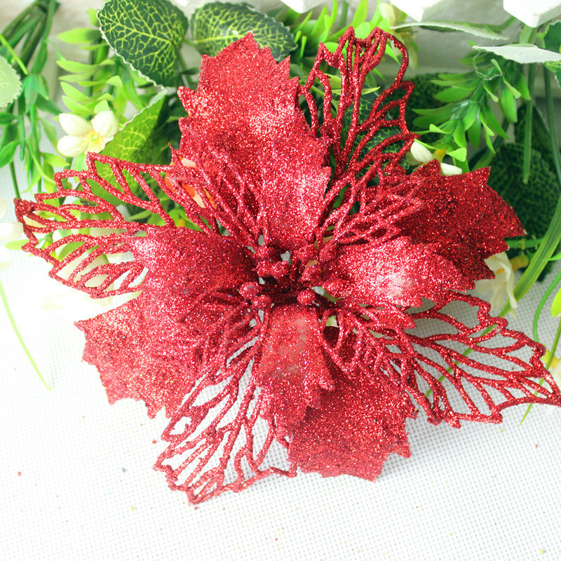 Artificial Christmas Gold Flower With Powder Glitter Plastic Flower Christmas Tree Pendant For Christmas Decoration