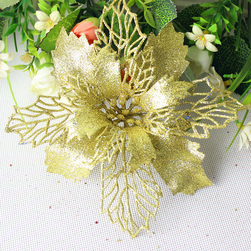 Artificial Christmas Gold Flower With Powder Glitter Plastic Flower Christmas Tree Pendant For Christmas Decoration