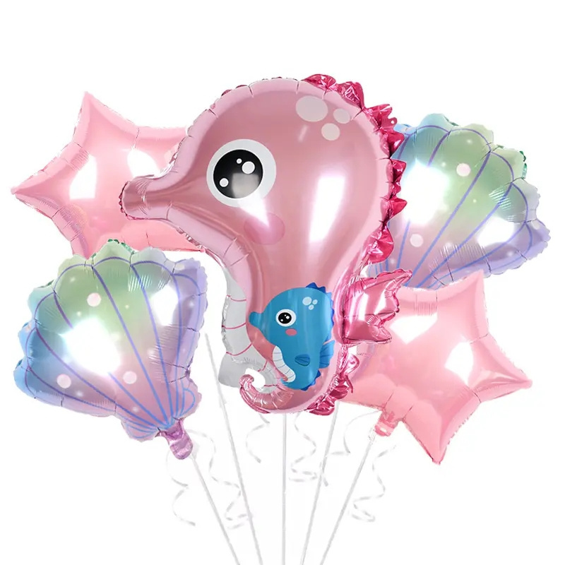 5 Pcs Set Cartoon Cute Seahorse Jellyfish Conch Marine Animal Foil Balloons For Ocean Theme Kids Birthday Party Decoration