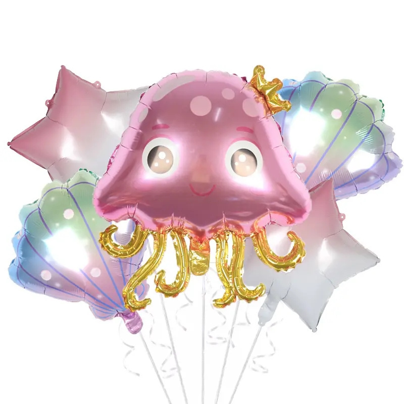 5 Pcs Set Cartoon Cute Seahorse Jellyfish Conch Marine Animal Foil Balloons For Ocean Theme Kids Birthday Party Decoration