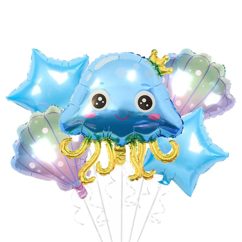 5 Pcs Set Cartoon Cute Seahorse Jellyfish Conch Marine Animal Foil Balloons For Ocean Theme Kids Birthday Party Decoration