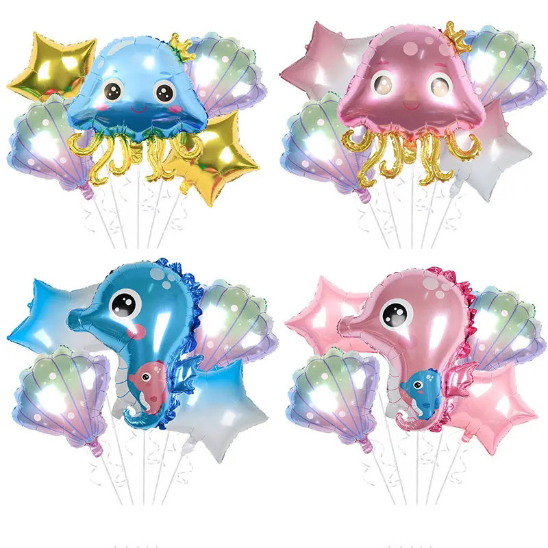 5 Pcs Set Cartoon Cute Seahorse Jellyfish Conch Marine Animal Foil Balloons For Ocean Theme Kids Birthday Party Decoration