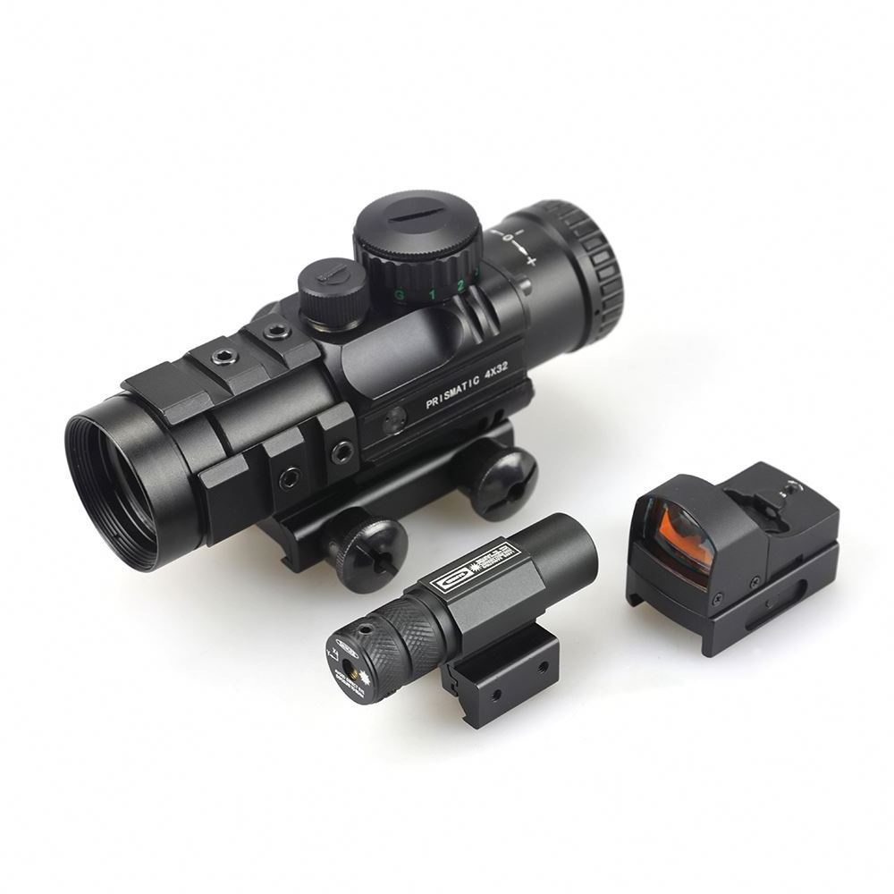 Scopes Accessories Prismatic 4x32 Red/Green/Blue Illumination With Mini red dot sight&Green laser sight