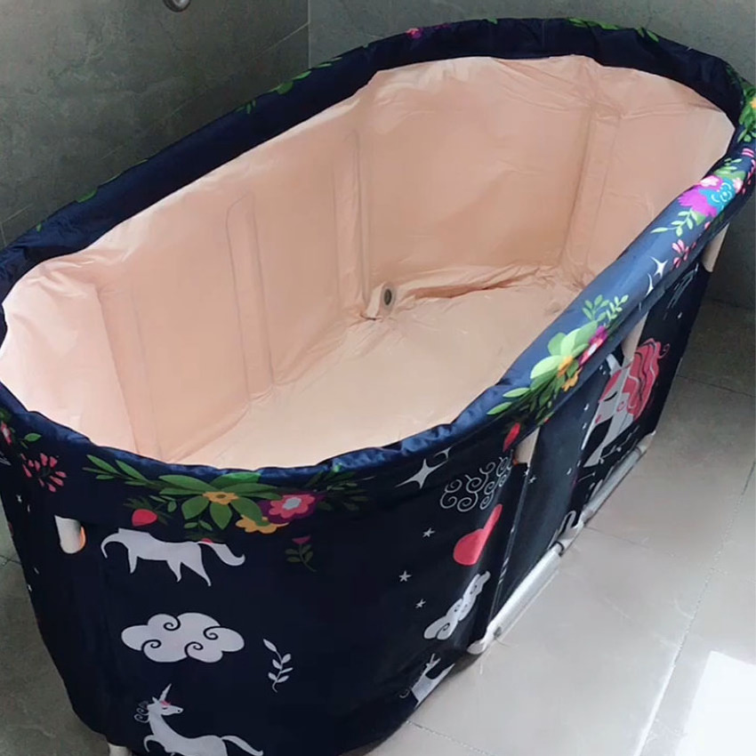 2024 Fold Rectangle Bathtub  Home Care Portable  Metal Tube Dark Blue Fish Soaking Folding SPA Adult Bath Tub with Lid