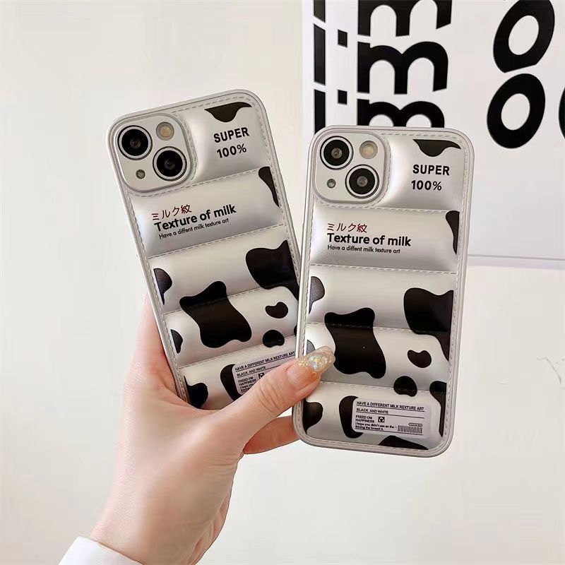 Premium silver cow print down jacket shell shockproof phone case For Iphone 14 13 12 Plus/pro/pro Max