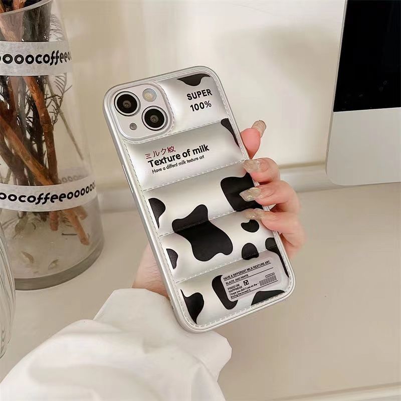 Premium silver cow print down jacket shell shockproof phone case For Iphone 14 13 12 Plus/pro/pro Max