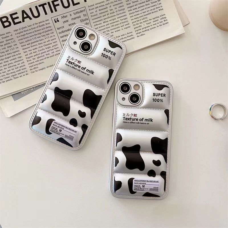 Premium silver cow print down jacket shell shockproof phone case For Iphone 14 13 12 Plus/pro/pro Max