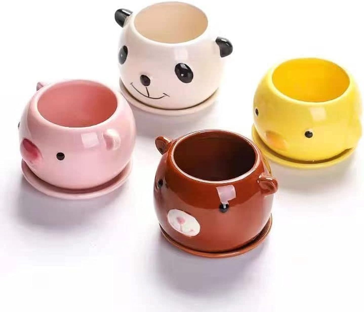 Unique Ceramic Flower Pots with Saucer Handmade Porcelain Animal Cartoon Pattern Planters