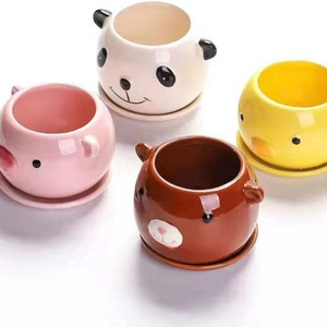 Unique Ceramic Flower Pots with Saucer Handmade Porcelain Animal Cartoon Pattern Planters