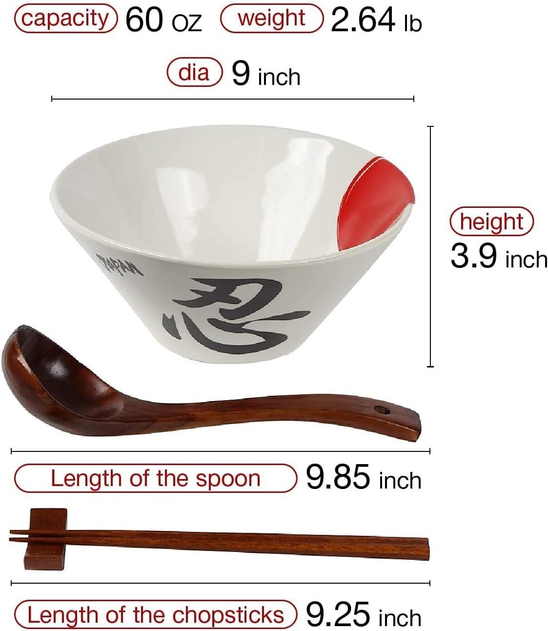 Ceramic Japanese Ramen Bowl Set, 60oz Large Ramen Bowls with Chopsticks, Spoons and Chopstick Rests, Bowl