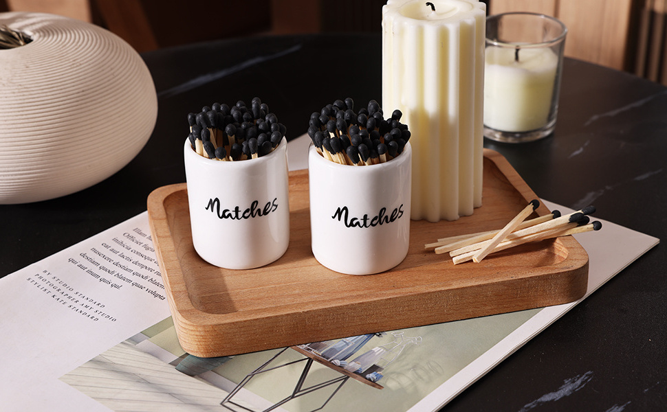 Match Holder with Strikers Set of 2  Farmhouse Ceramic Cute White Container Home Decor Match Jar