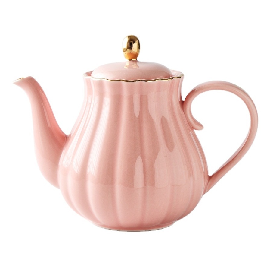 Modern White Pink Ceramic Pumpkin Shaped Tea and Coffee Pot with Gold Rim