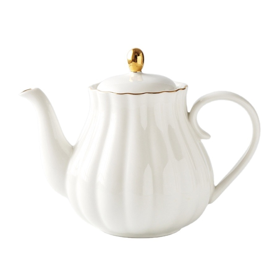 Modern White Pink Ceramic Pumpkin Shaped Tea and Coffee Pot with Gold Rim