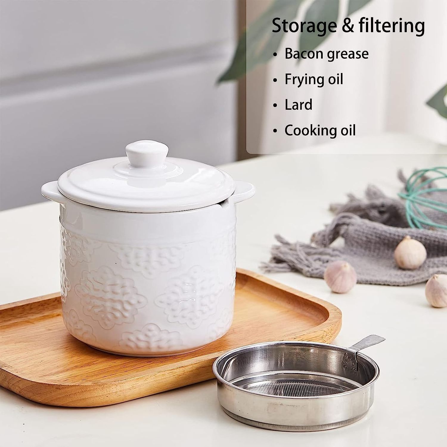 Custom Ceramic Bacon Grease Container with 304 Stainless Steel Strainer Porcelain Oil Storage Container for Kitchen