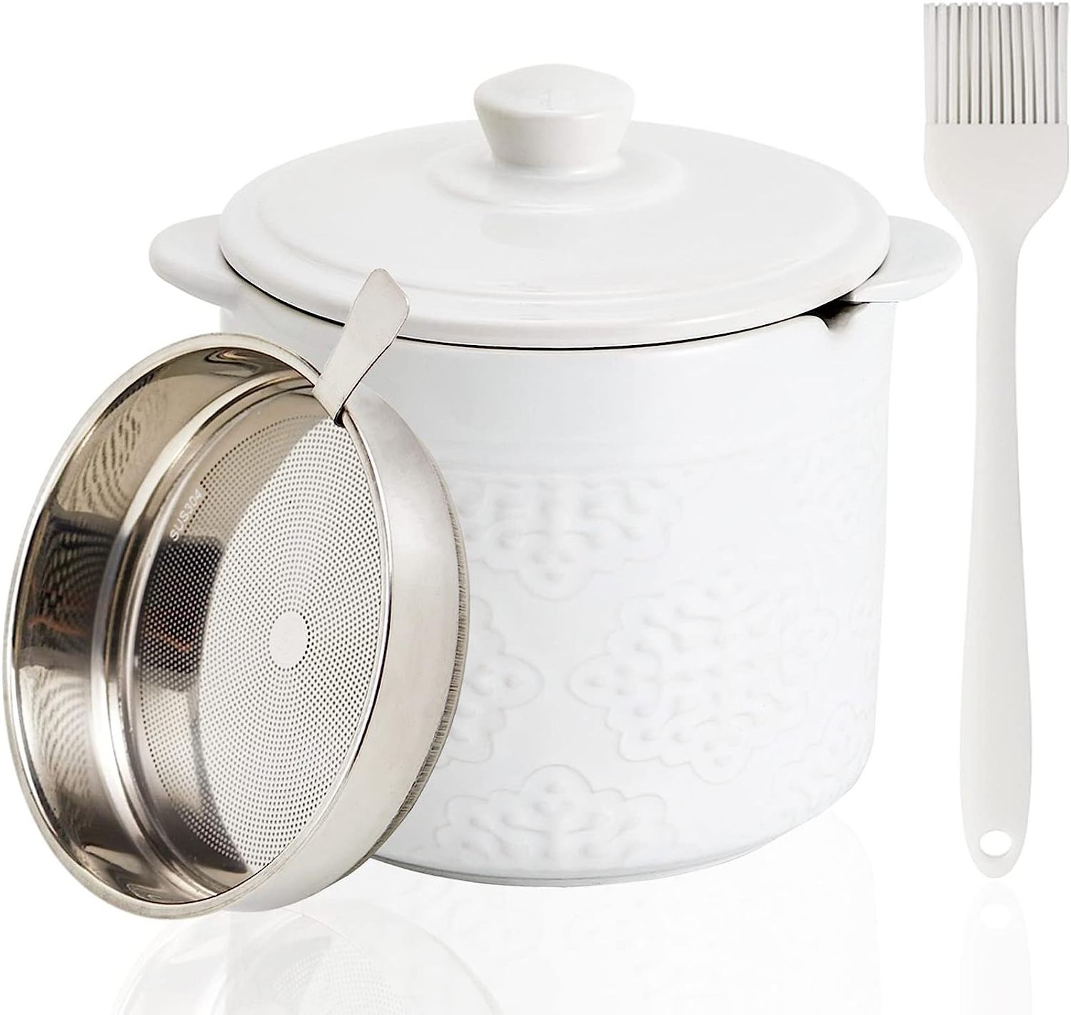 Custom Ceramic Bacon Grease Container with 304 Stainless Steel Strainer Porcelain Oil Storage Container for Kitchen