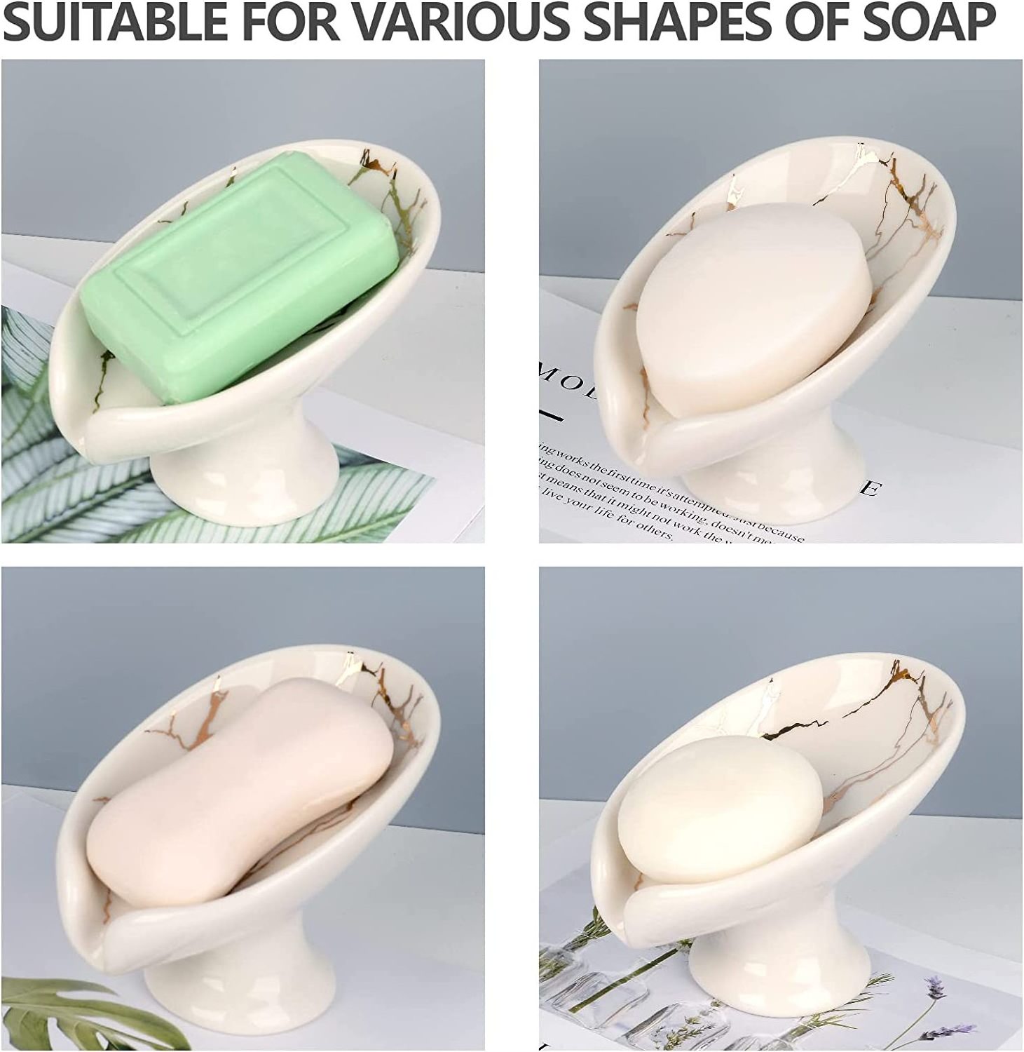 White Ceramic Soap Dish for Shower Porcelain Soap Holder Self Draining Leaf Shape Bar Soap Holder for Bathroom