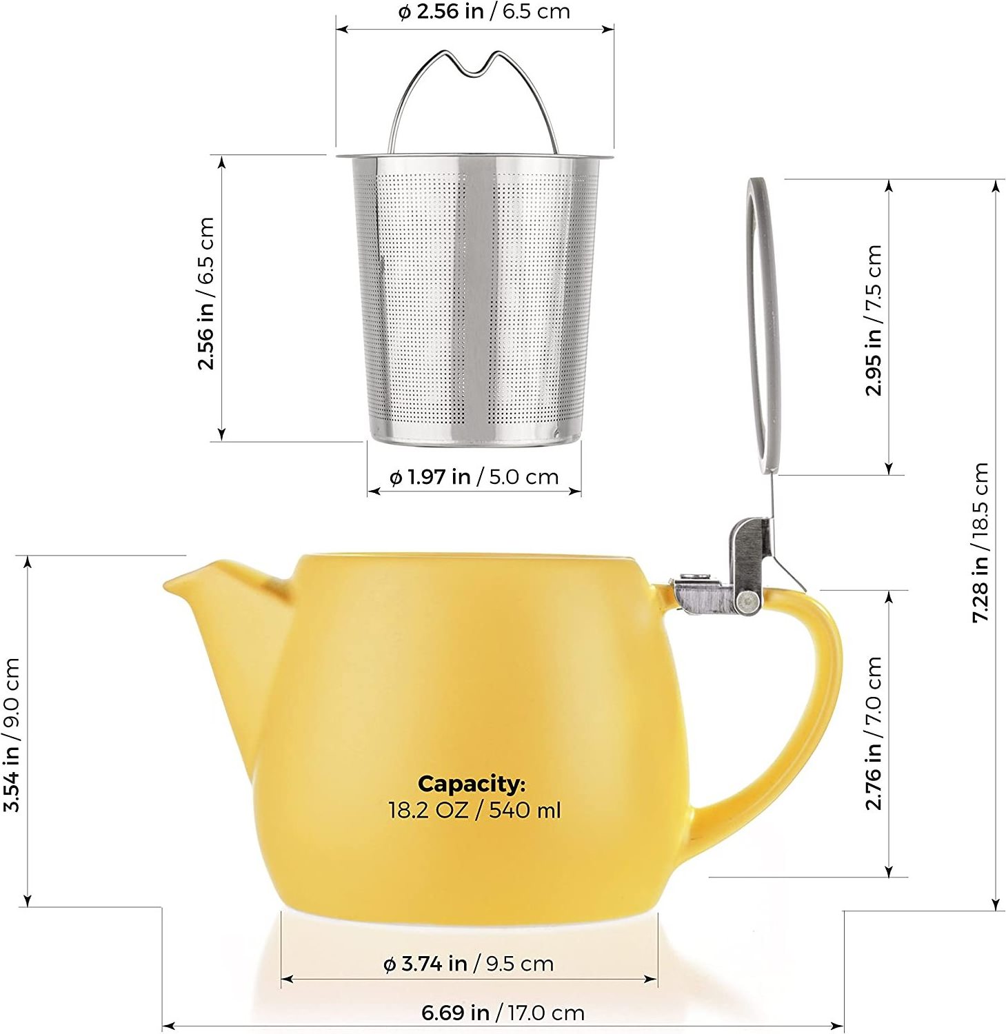 Yellow 540ml Modern Small  Brew Loose Leaf Tea Custom Ceramic Teapot with Stainless Steel Lid and Extra-Fine Infuser