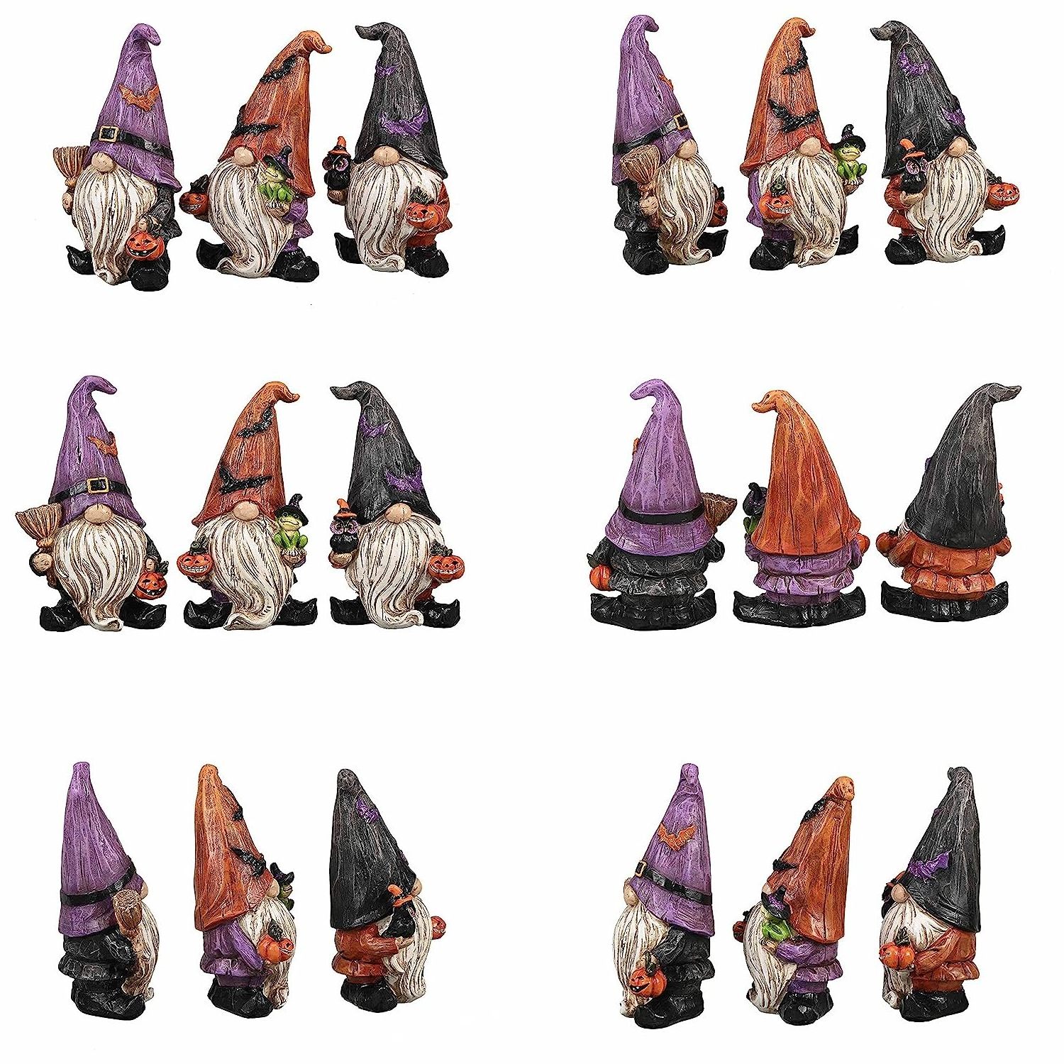 Handmade Resin Halloween Gnomes Statues with Pumpkin and Broom Polyresin Gnome Figurines for Indoor Outdoor