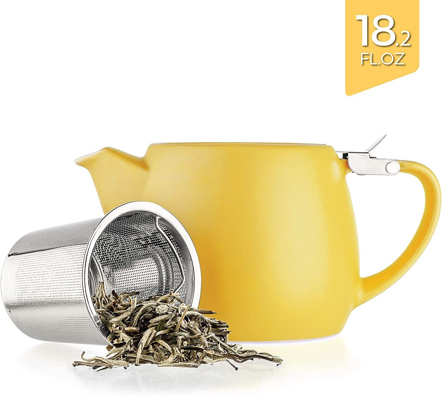 Yellow 540ml Modern Small  Brew Loose Leaf Tea Custom Ceramic Teapot with Stainless Steel Lid and Extra-Fine Infuser