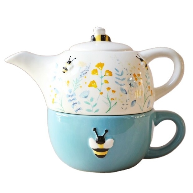 Floral Bee Ceramic Teapot and Mug Set Cornflower Blue Tea Pot Ceramic Teapot