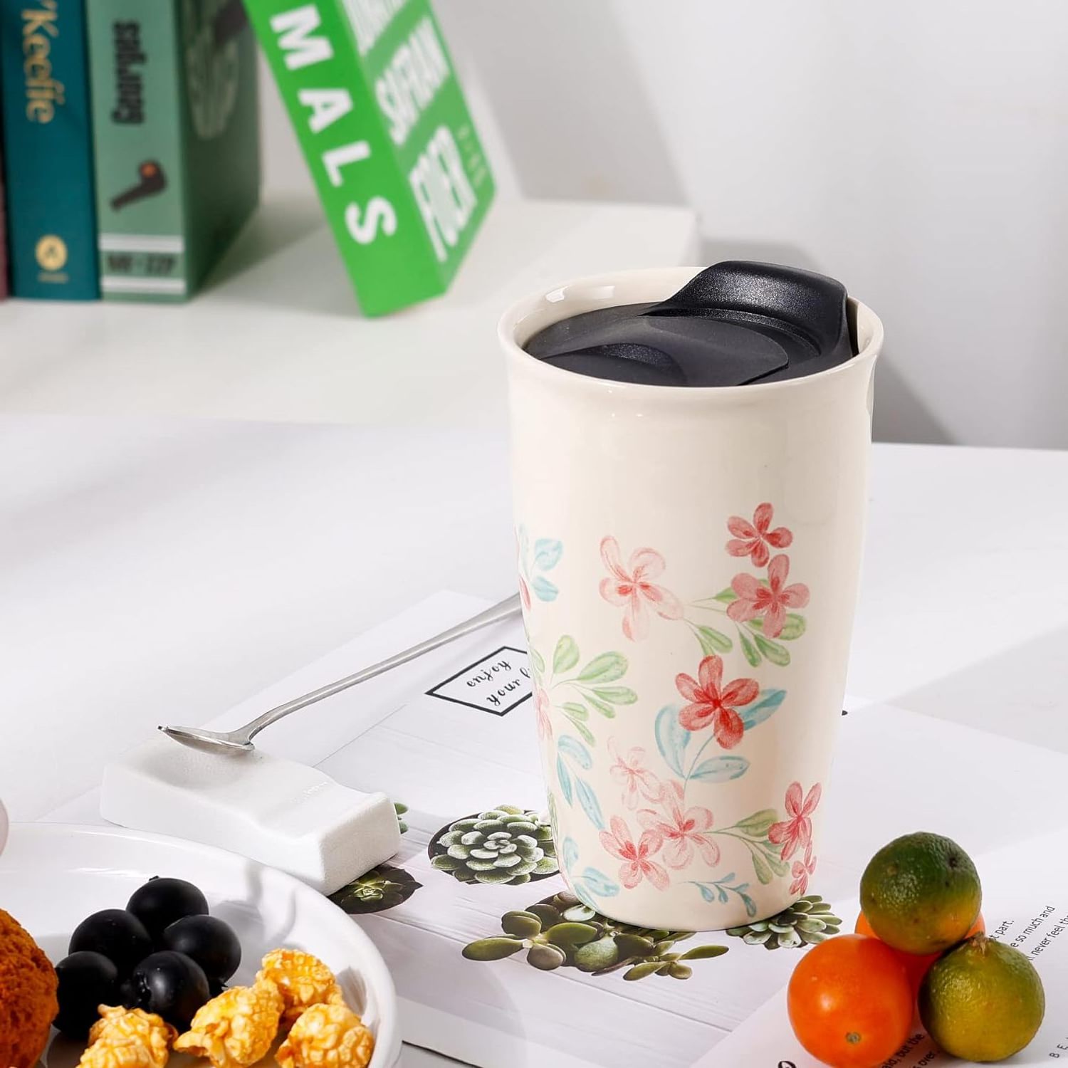 Ceramic Travel Mug with Lid, Flower Pattern Double Wall Coffee Mug Tumbler 10 oz, Reusable Tall Cup