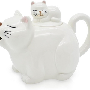 Porcelain Tea Pot Cat Shape Teapot, White Tea Pot Small Ceramic Teapot for Tea, 20 OZ Cute Teapots for Halloween Christmas Gift