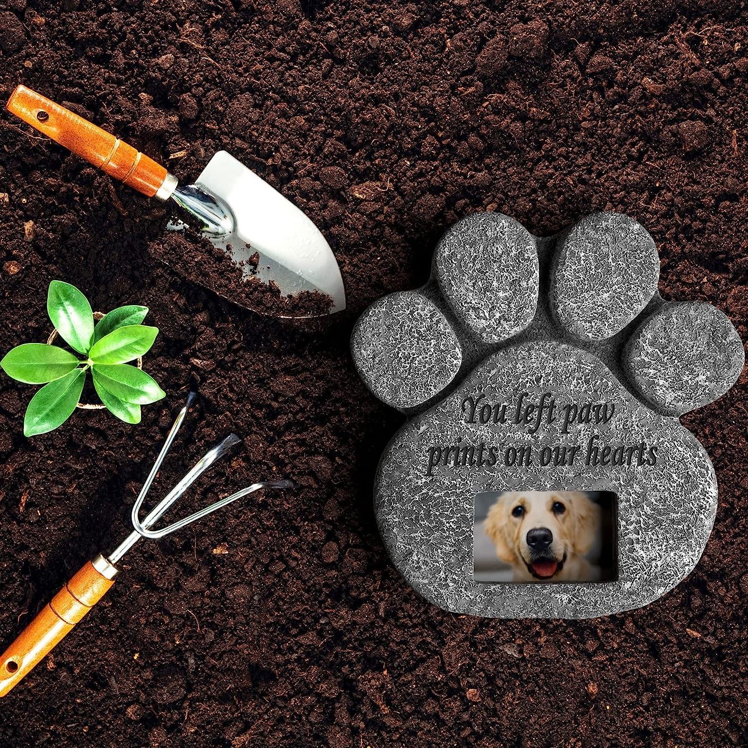 Pet Gift Personalized Dog Memorial Headstone Grave Marker Paw Print Pet Memorial Stone with Customizable Photo Frame