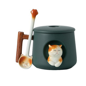 14 Ounces Cute Cat Mug Ceramic Tea Cup with Lid  and Matching Spoon Novelty 3D Mug Cute