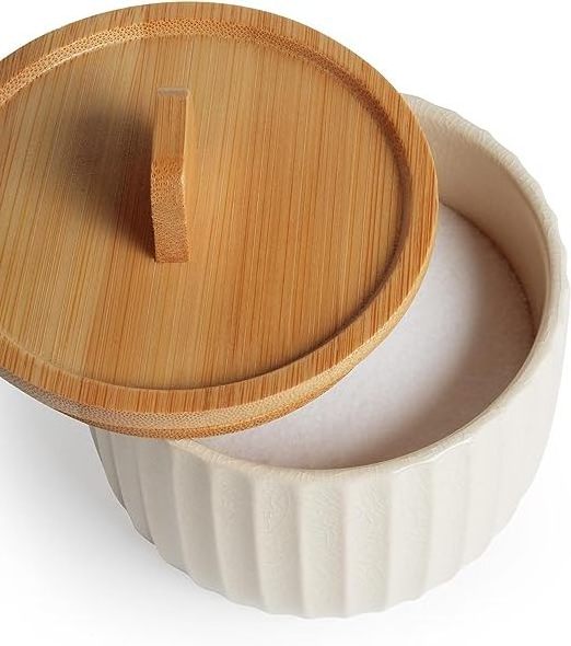 14oz  Salt Cellar Keeper Big Capacity Ceramic Sugar Bowls Container Condiment Pot with Bamboo Lid