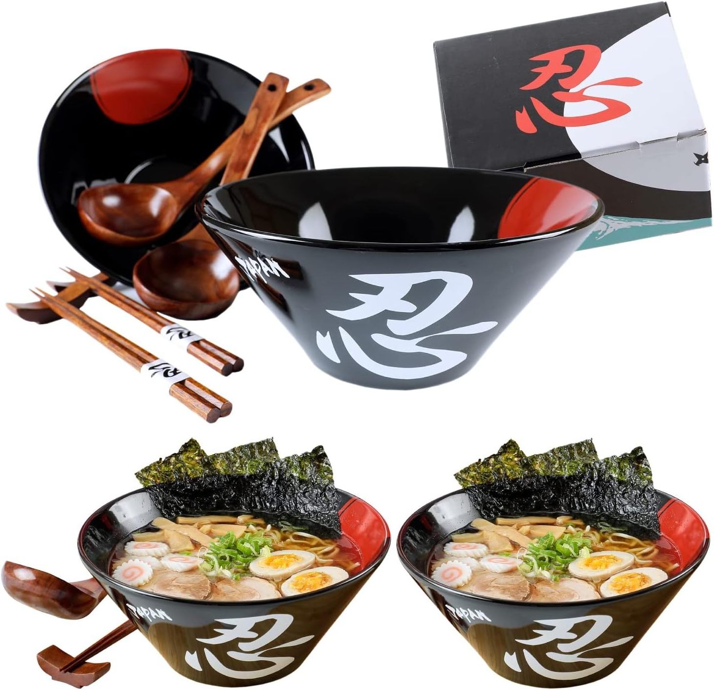 Ceramic Japanese Ramen Bowl Set, 60oz Large Ramen Bowls with Chopsticks, Spoons and Chopstick Rests, Bowl