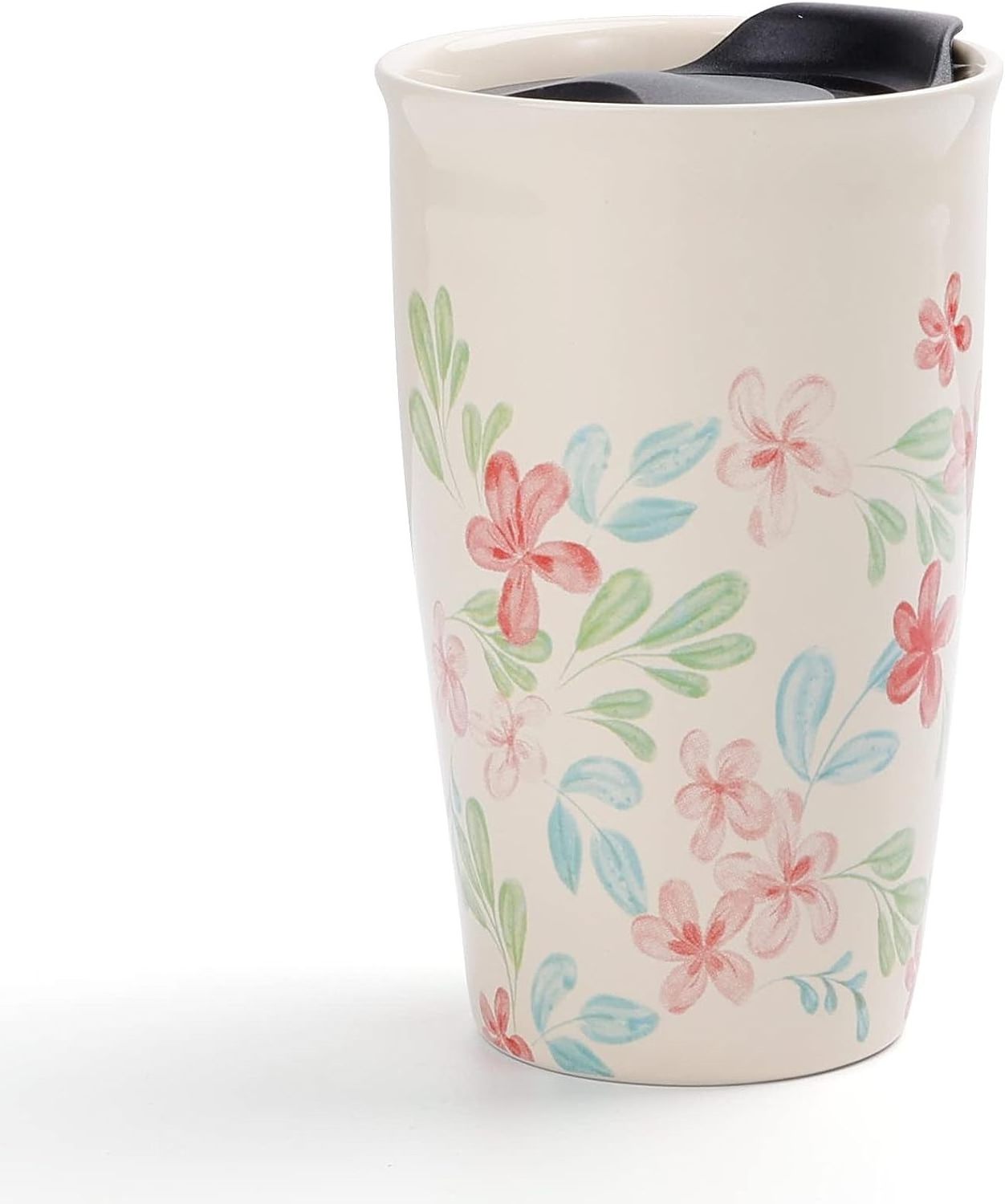 Ceramic Travel Mug with Lid, Flower Pattern Double Wall Coffee Mug Tumbler 10 oz, Reusable Tall Cup