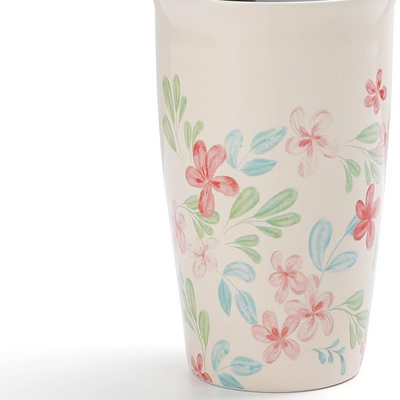 Ceramic Travel Mug with Lid, Flower Pattern Double Wall Coffee Mug Tumbler 10 oz, Reusable Tall Cup