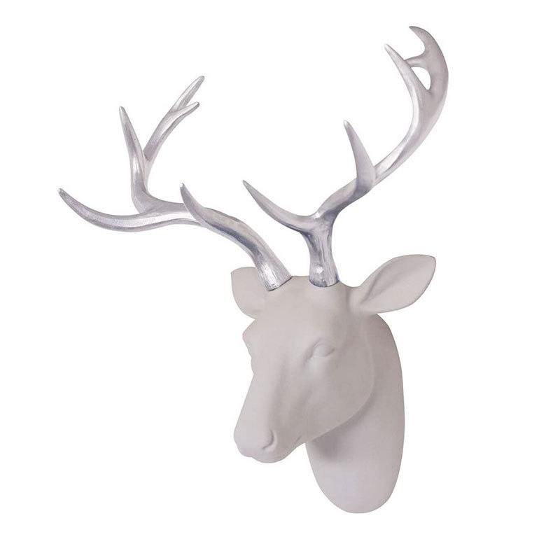 White Flocking Resin Deer Head with Silver Antlers for Wall Decoration Polyresin Deer Head Figurine Statue