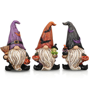 Handmade Resin Halloween Gnomes Statues with Pumpkin and Broom Polyresin Gnome Figurines for Indoor Outdoor