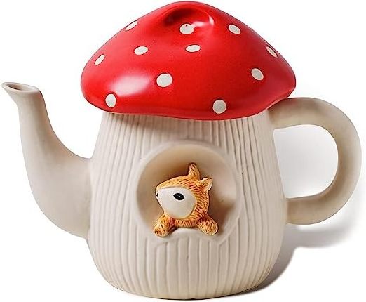 Cute Mushroom Teapot Handmade Glaze Polka Dot Lid Safety Matt Ceramic Tea Pot With Squirrel Decoration