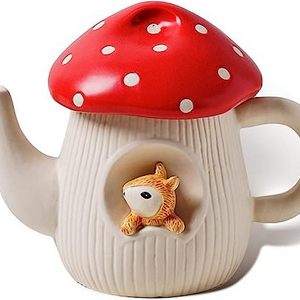 Cute Mushroom Teapot Handmade Glaze Polka Dot Lid Safety Matt Ceramic Tea Pot With Squirrel Decoration