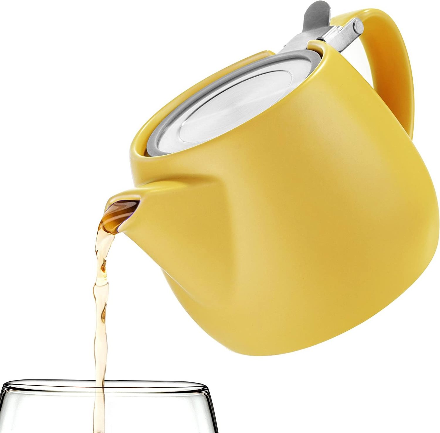 Yellow 540ml Modern Small  Brew Loose Leaf Tea Custom Ceramic Teapot with Stainless Steel Lid and Extra-Fine Infuser